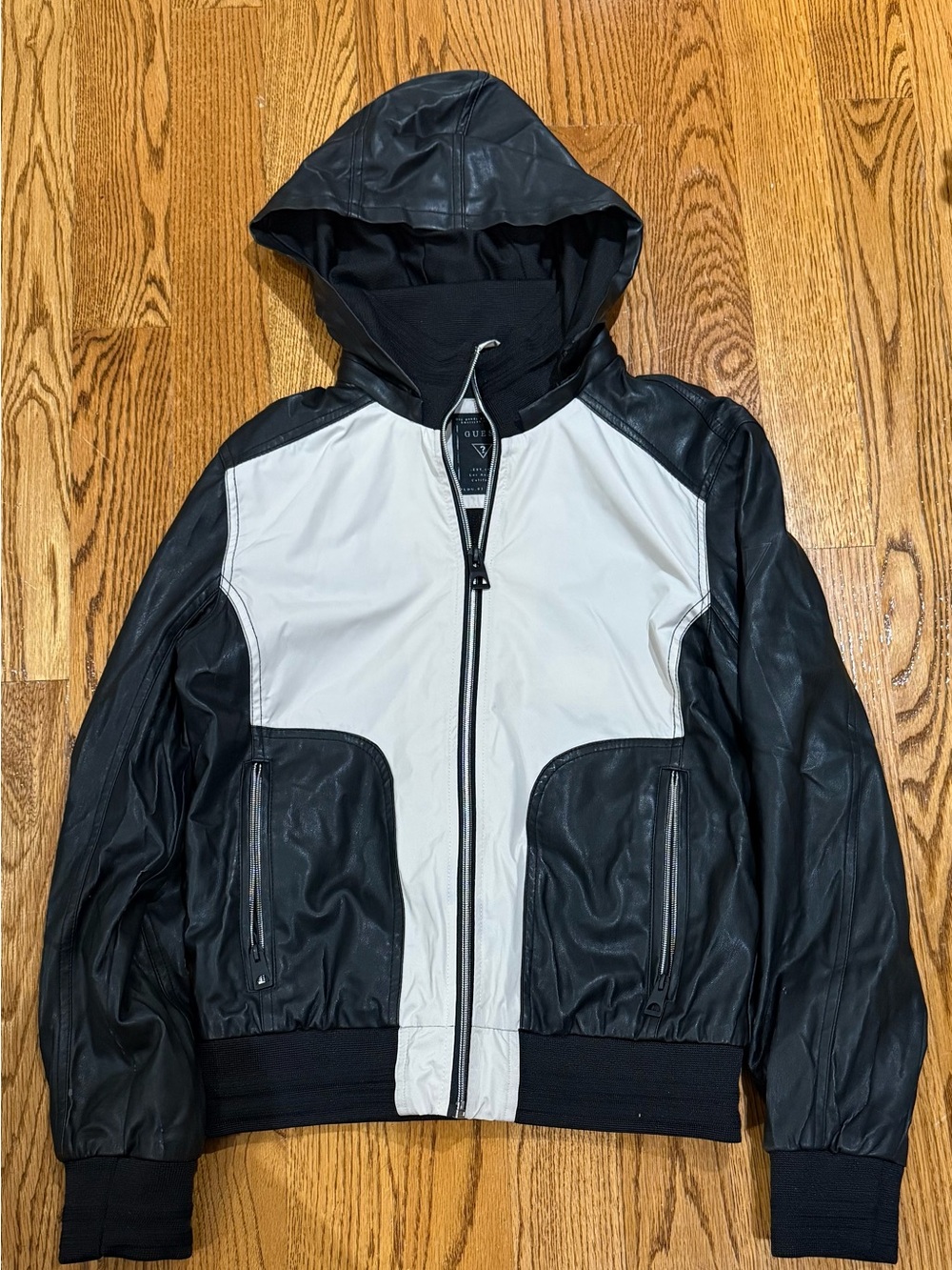 Guess Black and White Hooded Colorblock Leather Bomber